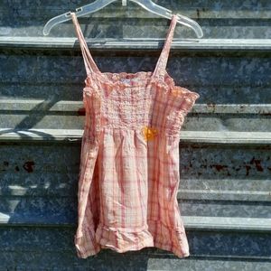 Ruffled Runched Square Plaid Flowy Babydoll Top with 3d Flower